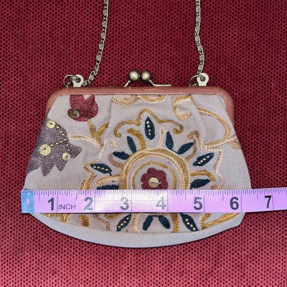 FOSSIL Crewel Frame Mini Multicolor Kisslock Clutch Canvas Crossbody Purse - Picture 14 of 16